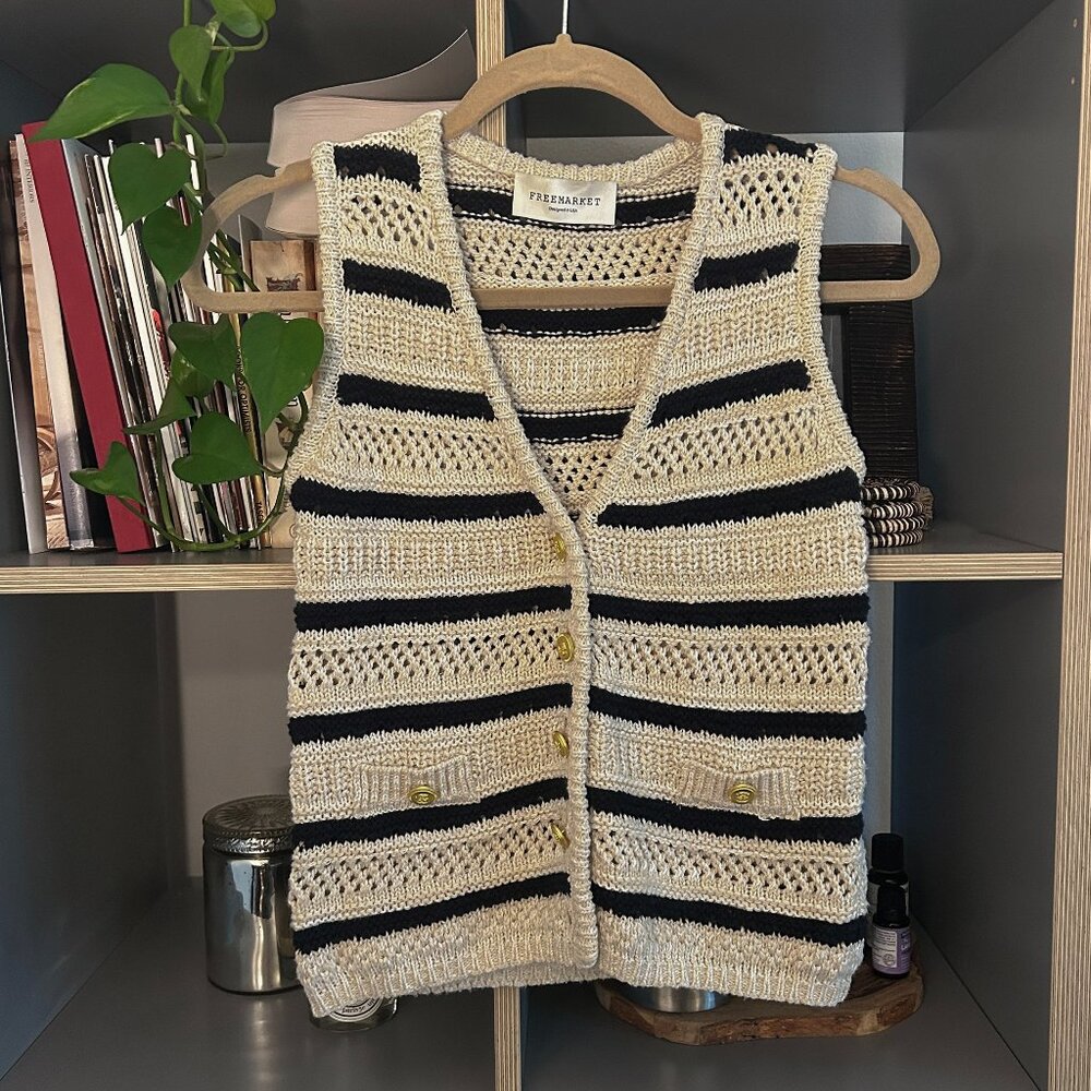Cream and Black Open Stitch Knit Vest